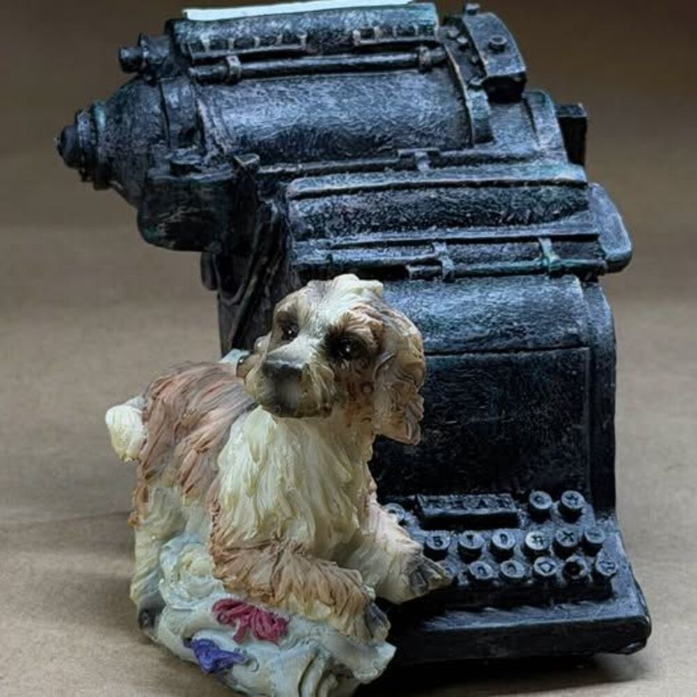 Vintage Dog at Typewriter Figurine Coin Bank – Writer / Office Desk Decor